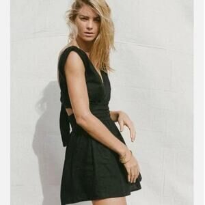 SIR the Label Patti 100% Linen Mini Dress Black Sleeveless Deep V Size Small